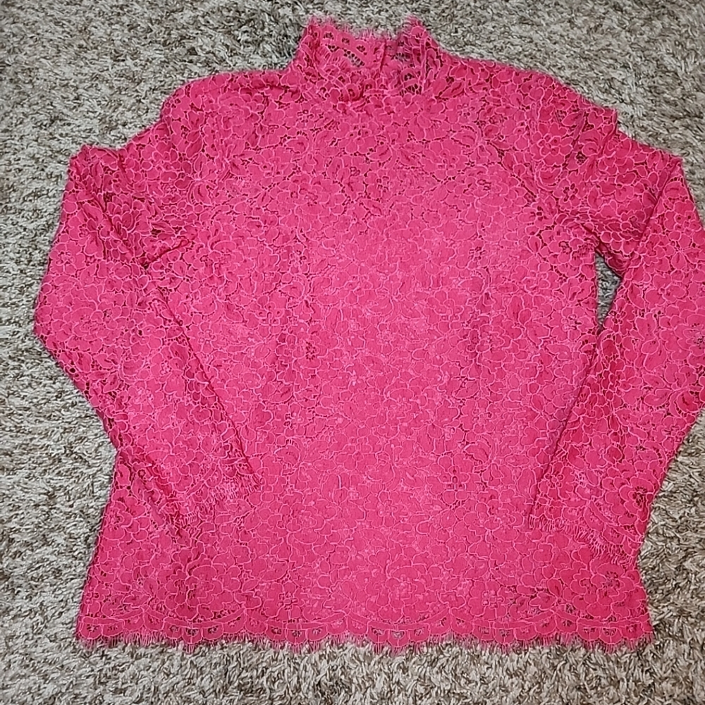 J. Crew Womens Sz 0 Scalloped Mock Neck Laced Long Sleeve Top in Dragonfruit - Picture 3 of 12